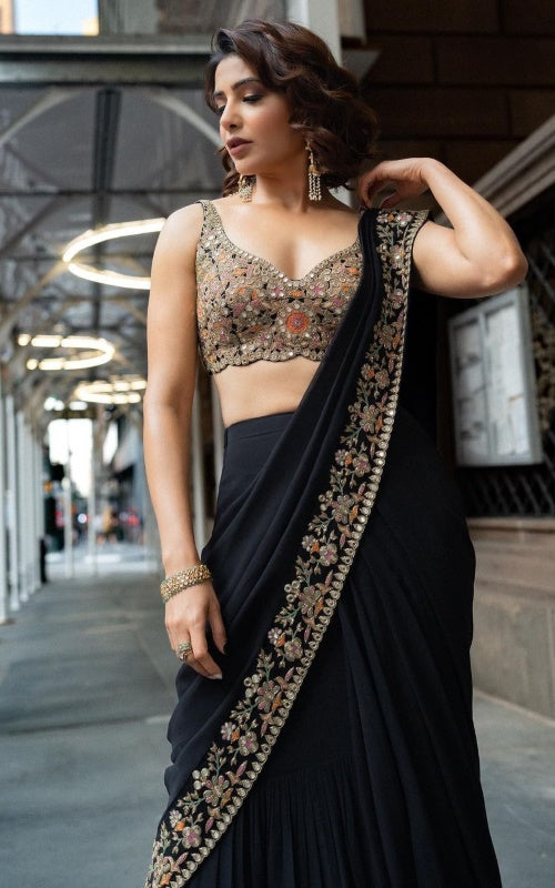 Black Faux Georgette Saree with Thread and Sequins Work