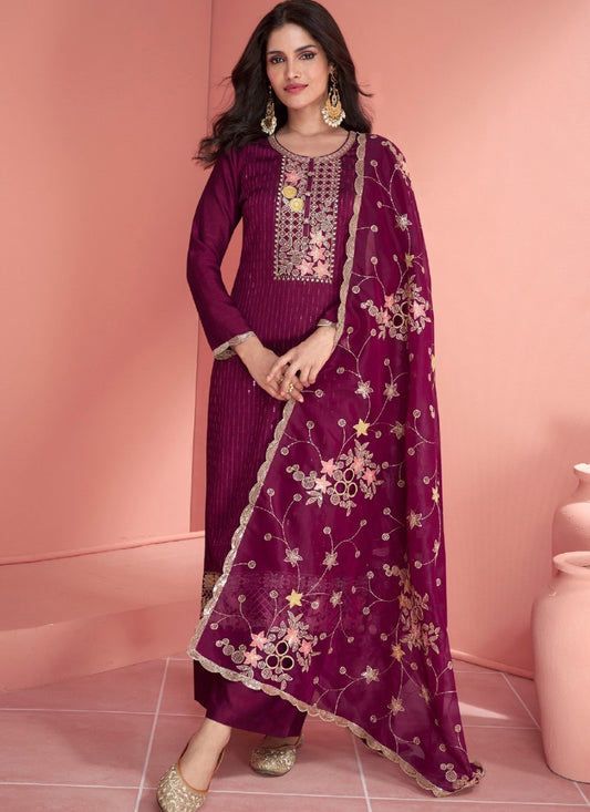 Maroon Silk Straight Cut Salwar Suit With Embroidery Work