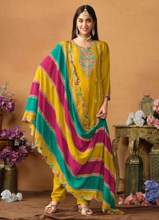 Yellow Silk Pant Style Salwar Suit