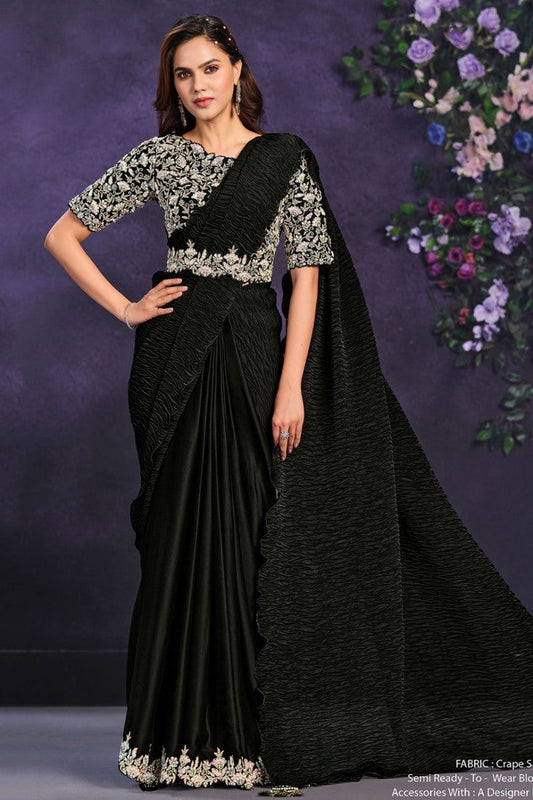 Black Silk Party Wear Saree With Thread, Sequins and Stone Work