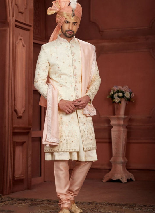 Cream Silk Wedding Sherwani With Embroidered Thread, Sequence and Heavy Handwork Work