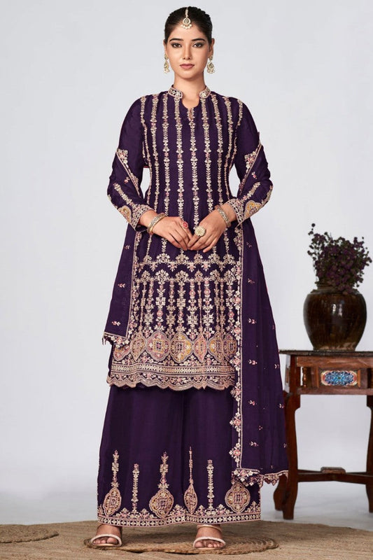 Purple Chinon Embroidered Palazzo Suit