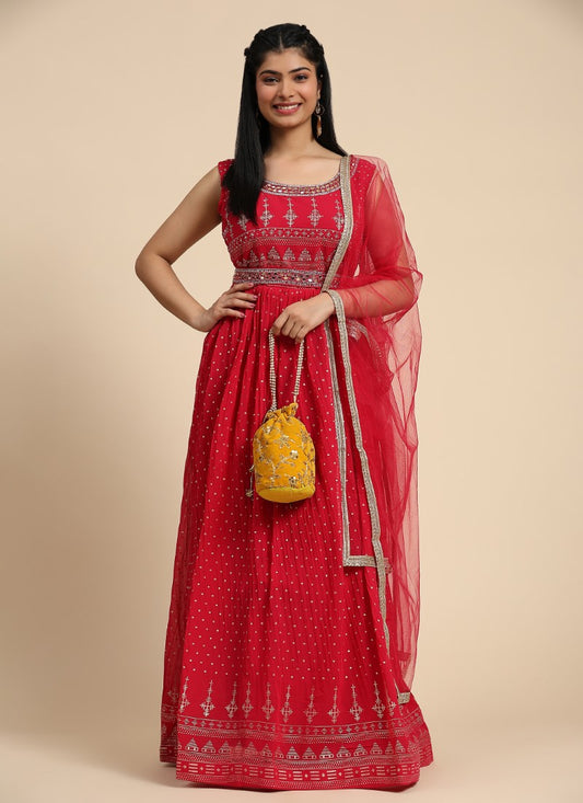 Red Georgette Long Anarkali Suit With Embroidery and Sequins Work