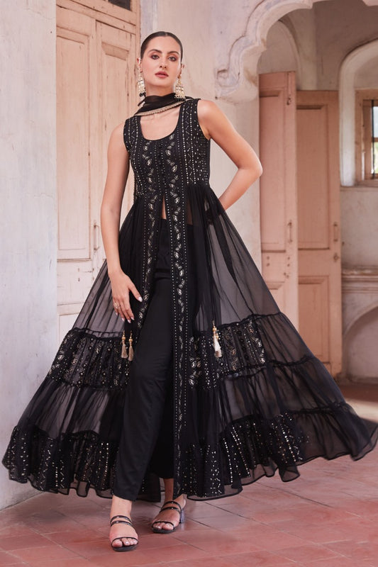 Black Georgette Center Slit Anarkali Suit With Embroidery Work