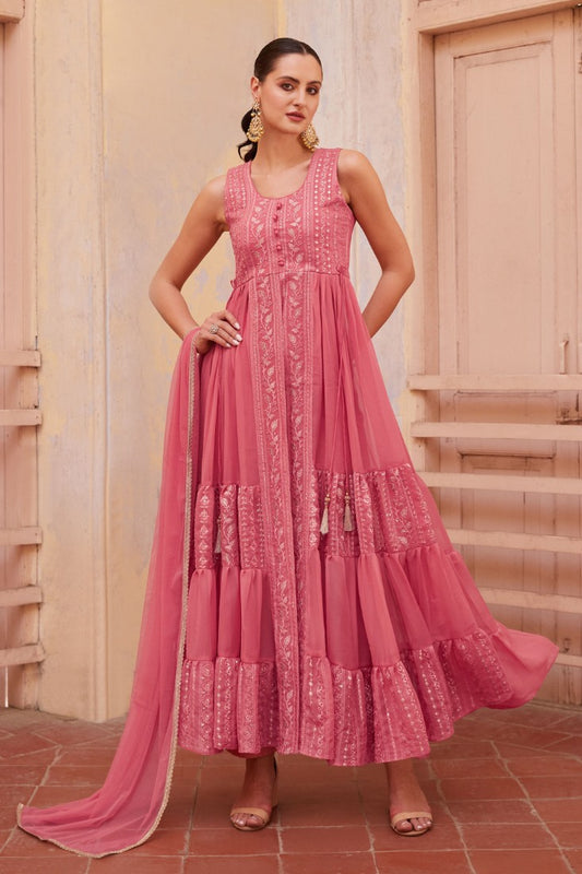 Pink Georgette Center Slit Anarkali Suit With Embroidery Work