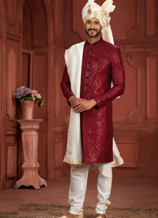 Red Silk Wedding Sherwani With Embroidered Thread, Sequence and Heavy Handwork Work