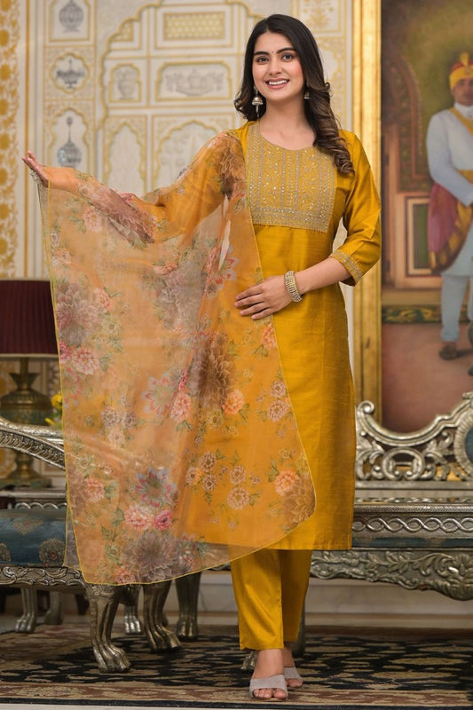 Yallow Silk Embroidery Salwar Kameez Dress