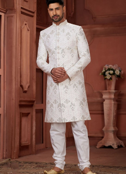 Pure White Silk Wedding Sherwani With Embroidered Thread, Sequence and Heavy Handwork Work
