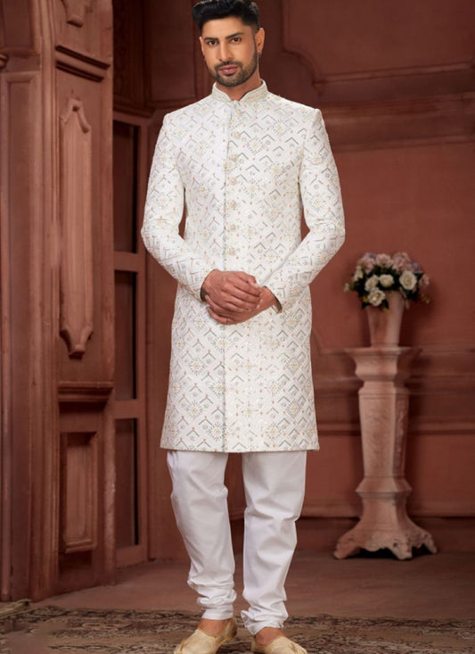 Pure White Silk Wedding Sherwani With Embroidered Thread, Sequence and Heavy Handwork Work