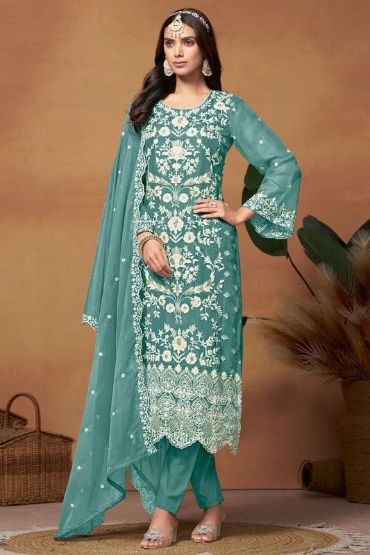 Sea Green Yellow Straight Cut Pant Style Salwar Suit