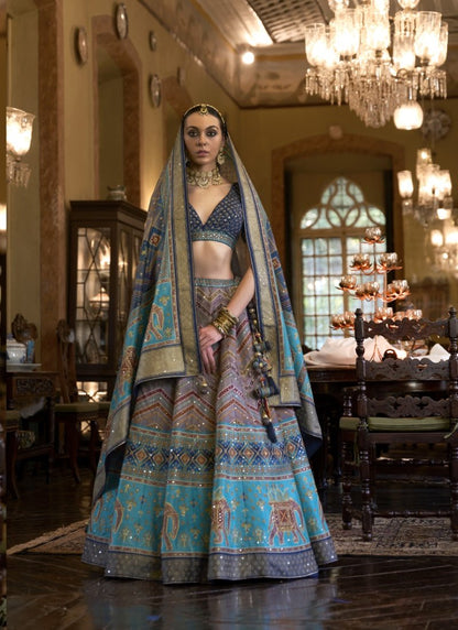 Blue Wedding Lehenga Choli with Rajwadi Embroidery and Mirror Work