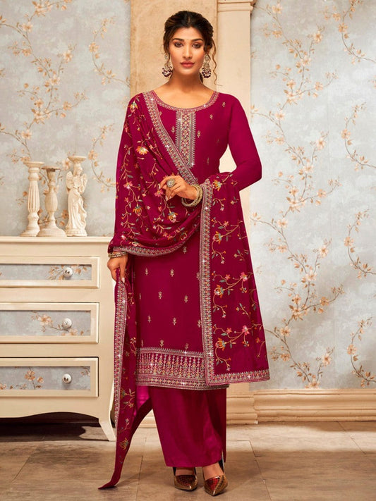 Magenta Georgette Palazzo Salwar Suit With Embroidery Work