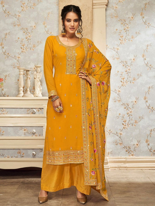 Yellow Georgette Palazzo Salwar Suit With Embroidery Work