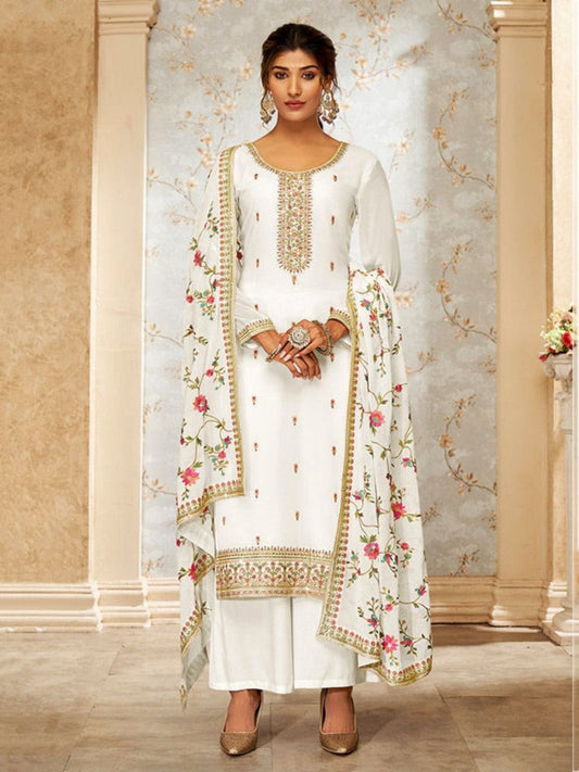 White Georgette Palazzo Salwar Suit With Embroidery Work