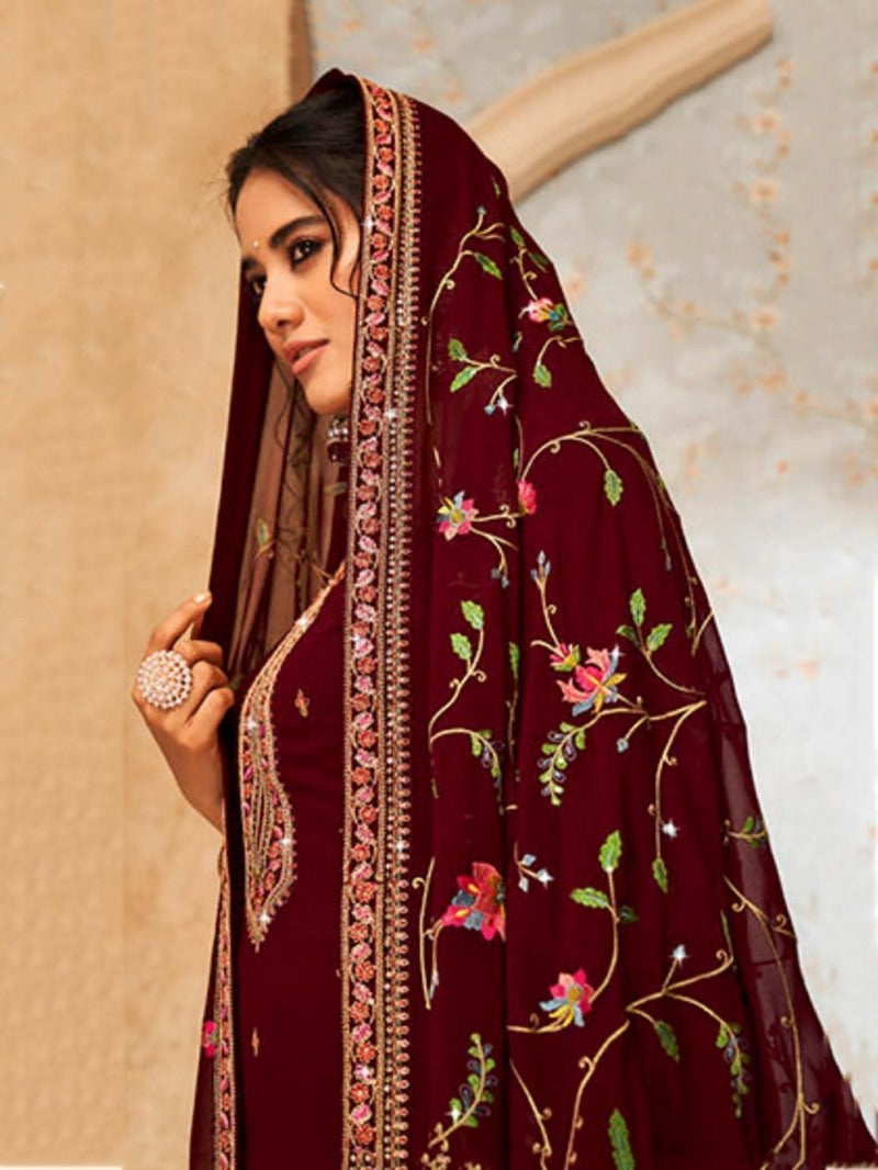 Maroon Georgette Palazzo Salwar Suit With Embroidery Work