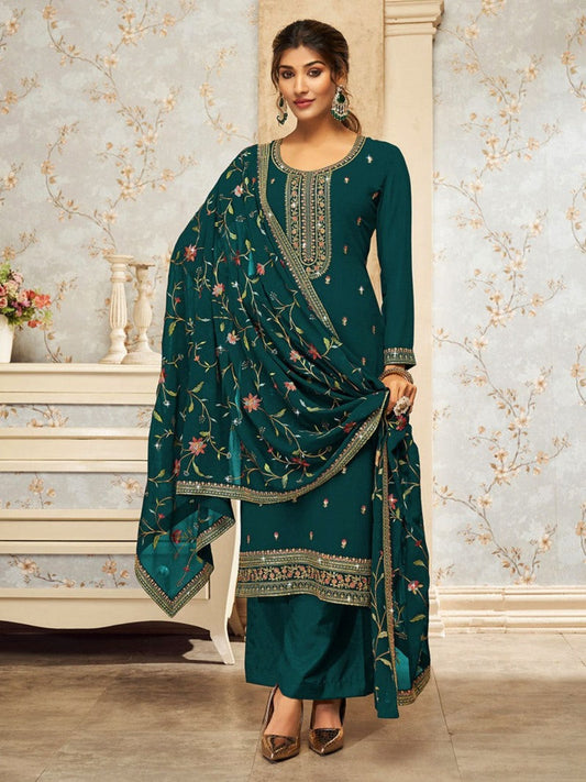 Green Georgette Palazzo Salwar Suit With Embroidery Work