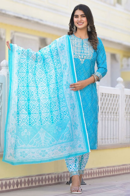 Sky Blue Cotton Bandhani Salwar Kameez Dress