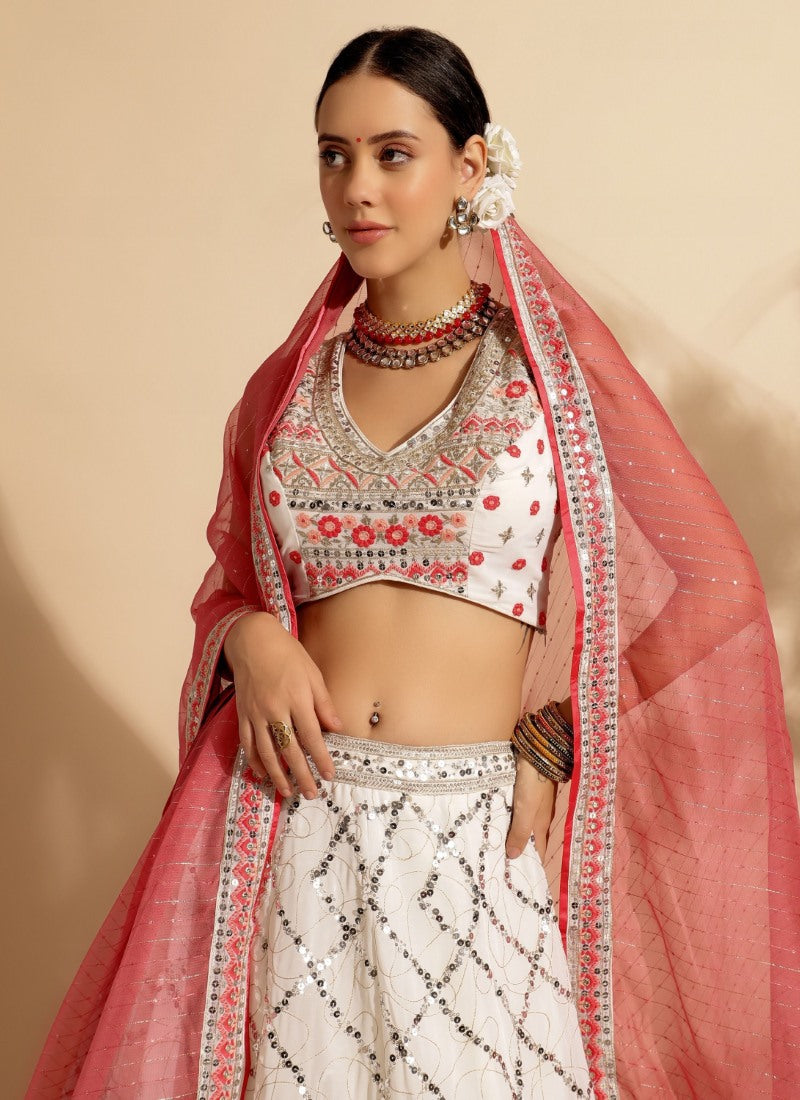 White Georgette Lehenga Choli With Thread and Sequins Work