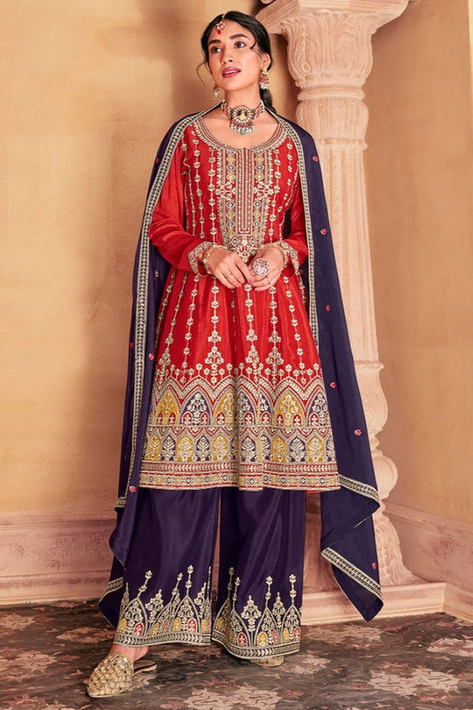 Red Palazzo Salwar Suit With Heavy Embroidery Work