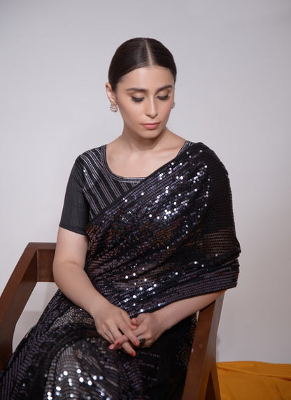 Black Georgette Party Wear Saree With Sequins Work