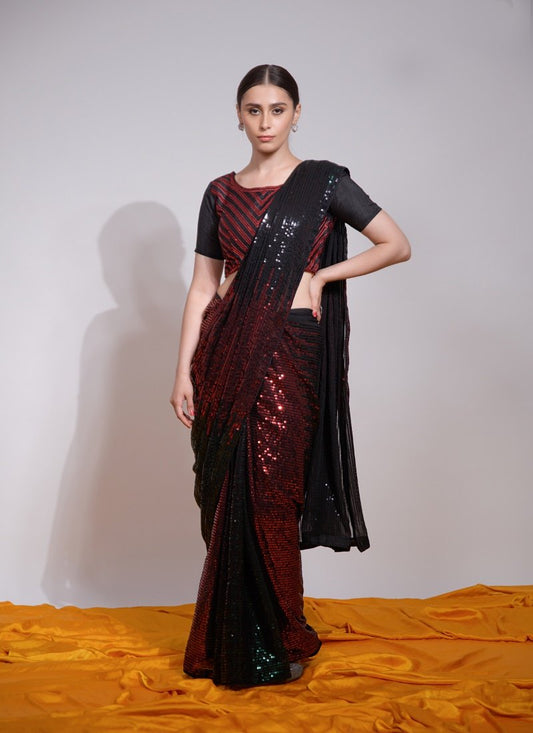 Wine Georgette Party Wear Saree With Sequins Work