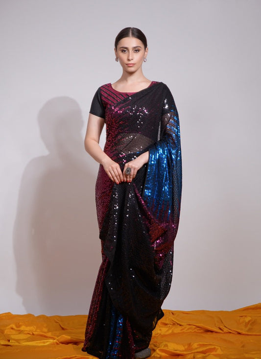 Blue And Wine Georgette Party Wear Saree With Sequins Work