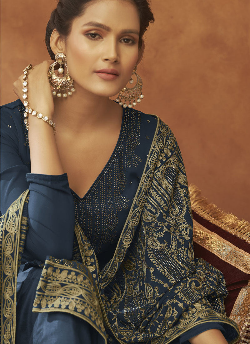 Navy Blue Georgette Wide Palazzo Suit