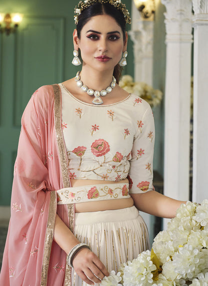 Off-White Georgette Lehenga Choli With Embroidered, Thread and Sequins Work