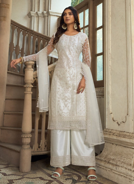 White Satin Palazzo Suit with Embroidered Work