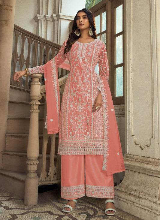 Peach Satin Palazzo Suit with Embroidered Work