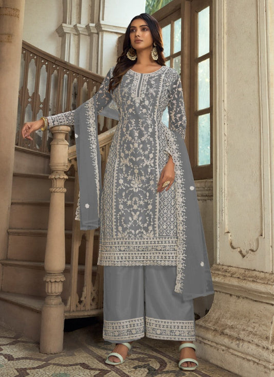 Gray Satin Palazzo Suit with Embroidered Work