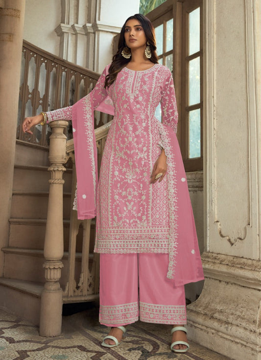 Pink Satin Palazzo Suit with Embroidered Work