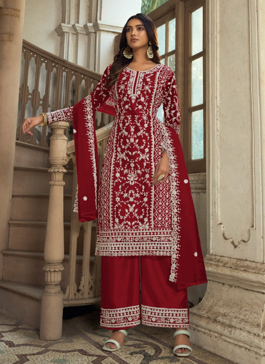 Red Satin Palazzo Suit with Embroidered Work