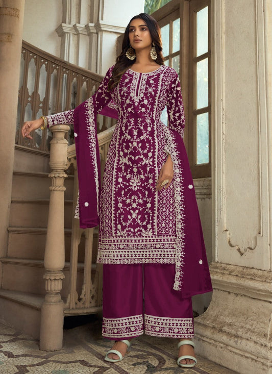 Purple Satin Palazzo Suit with Embroidered Work