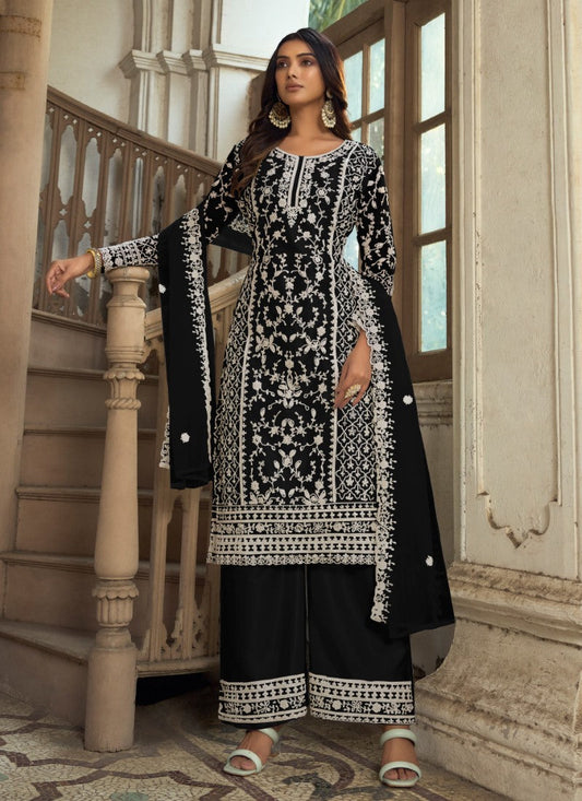 Black Satin Palazzo Suit with Embroidered Work