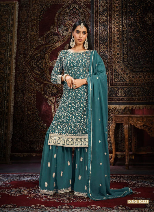 Teal Blue Embroidered Sharara Suit