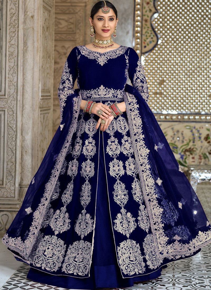 Blue Velvet Abaya Style Center Silt Anarkali Suit with Heavy Embroidery Work