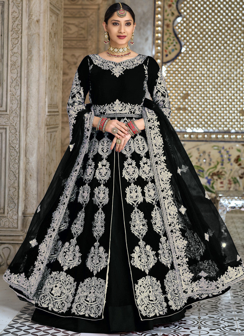 Black Velvet Abaya Style Center Silt Anarkali Suit with Heavy Embroidery Work