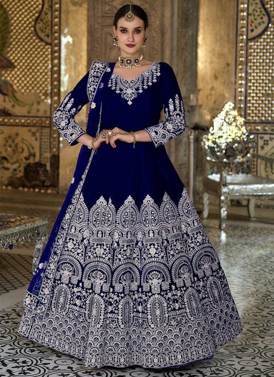 Blue Velvet Abaya Style with Heavy Embroidery Work