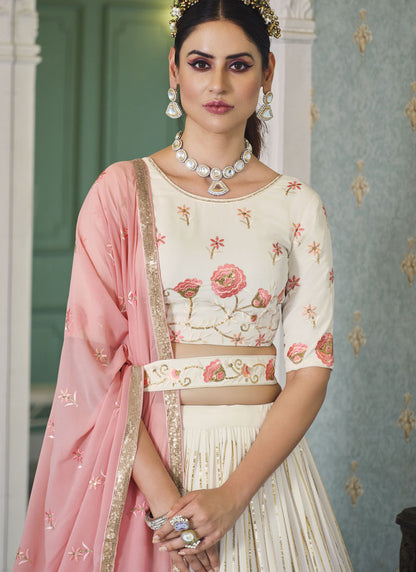 Off-White Georgette Lehenga Choli With Embroidered, Thread and Sequins Work