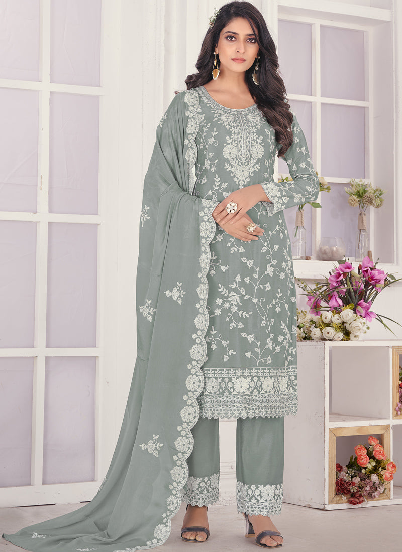 Gray Pant Style Straight Salwar Suit