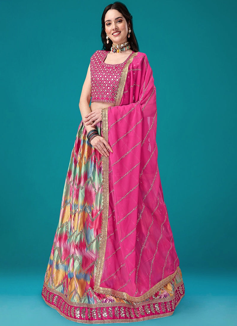 Pink Satin Silk Lehenga Choli with Embroidery & Sequins work