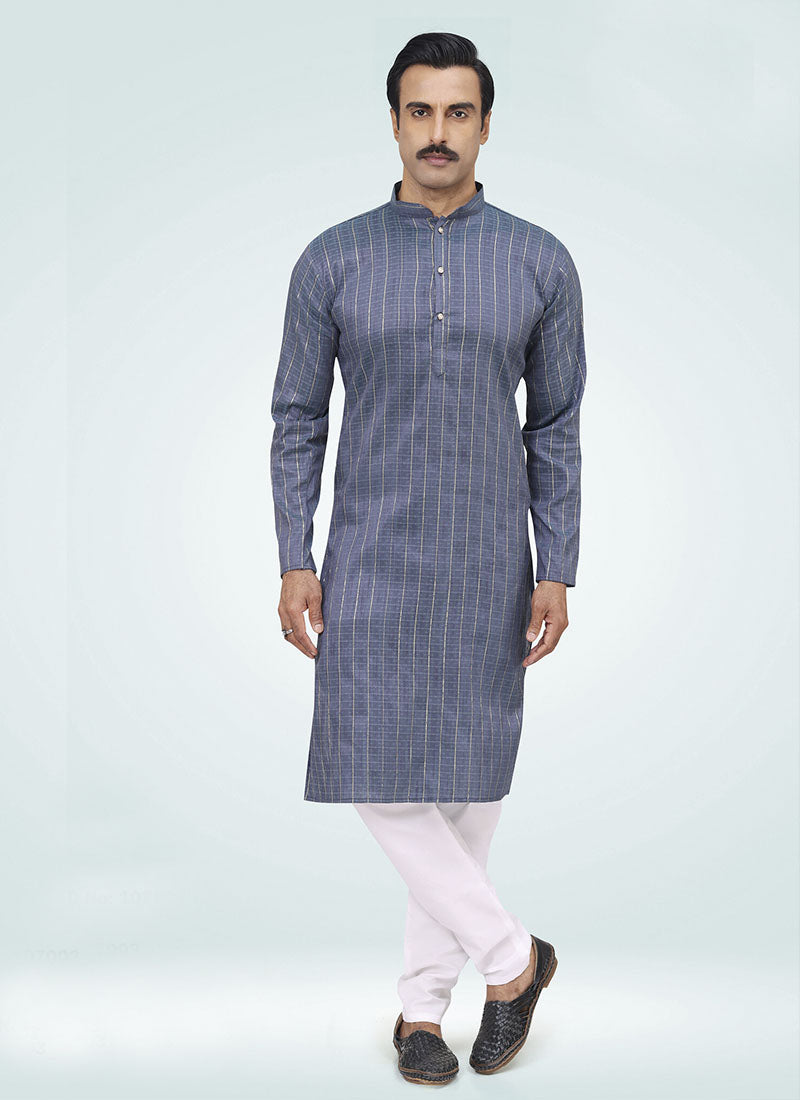 Blue Silk Collar Style Kurta Pajama with Bottom