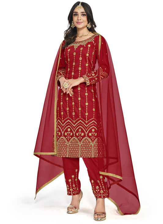 Red Soft Silk Pant Style Salwar Suit With Mirror Work