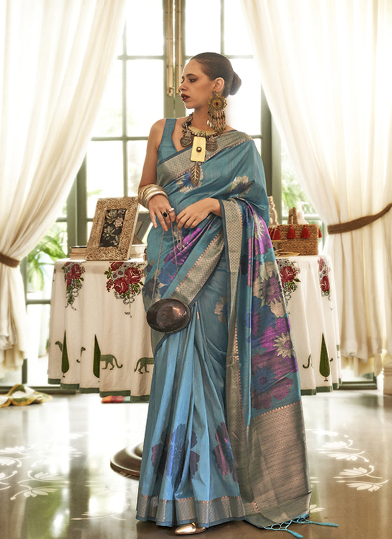 Aqua Blue Bollywood Style Silk Saree
