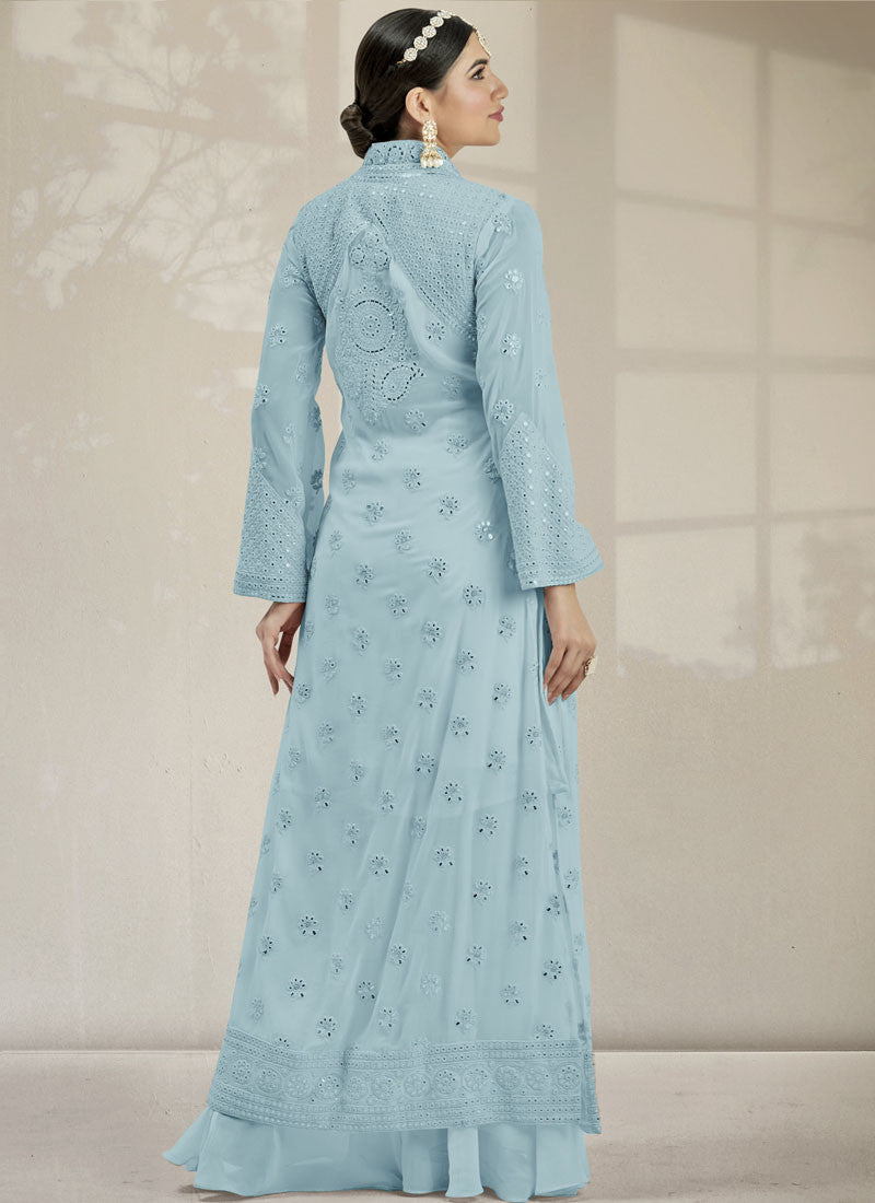 Sky Blue Georgette Jacket Style Palazzo Suit With Real Mirror Work Embroidery