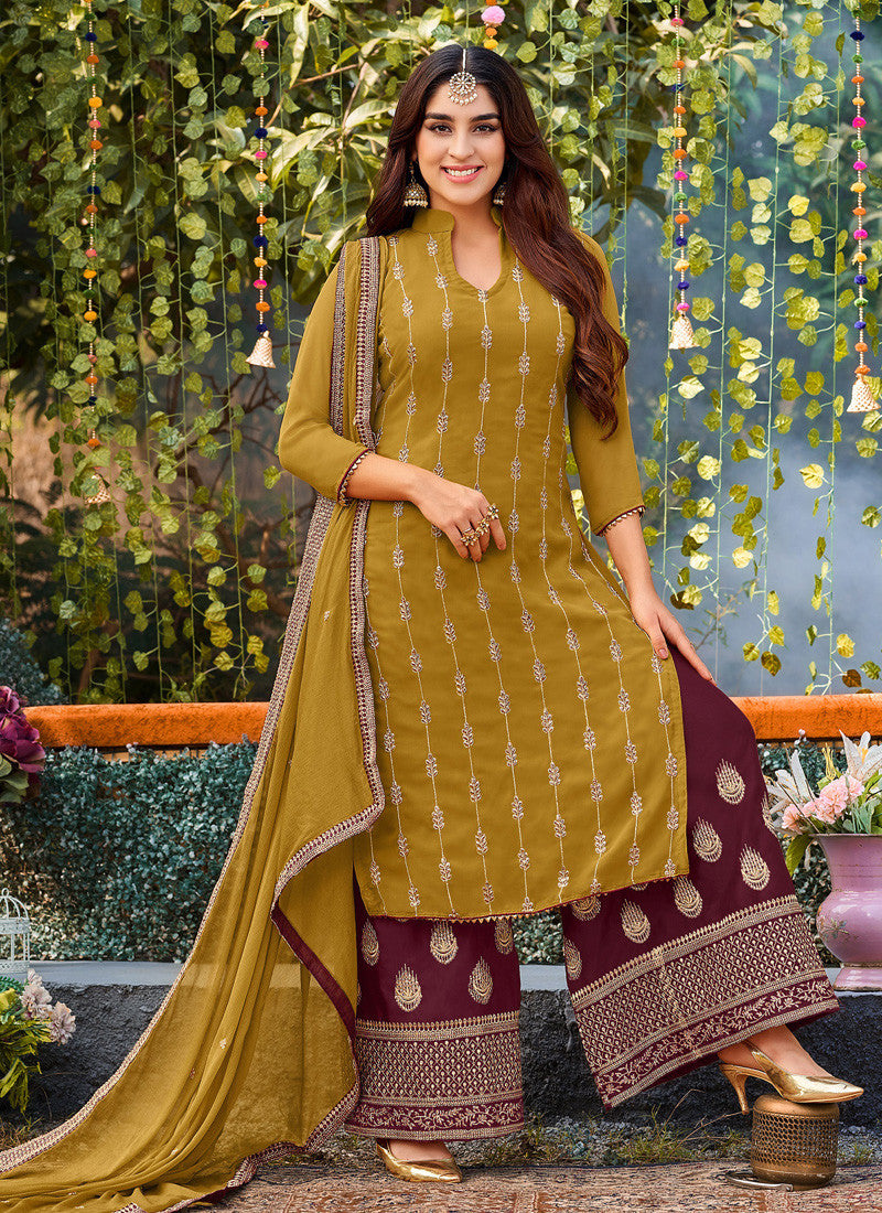 Mustard Georgette Palazzo Suit With Embroiderey