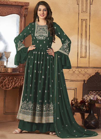 Green Georgette Sharara Suit With Frill Sleeves