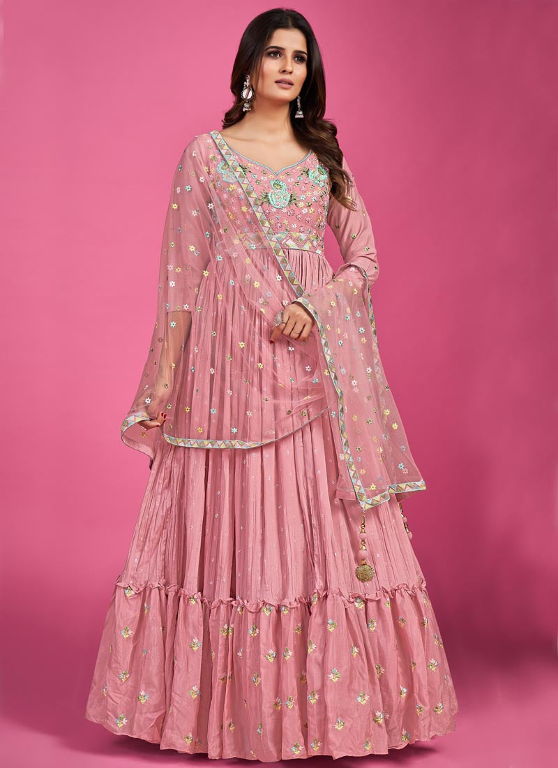 Pink Chinon Silk Anarkali Suit with Mirror & Thread Work