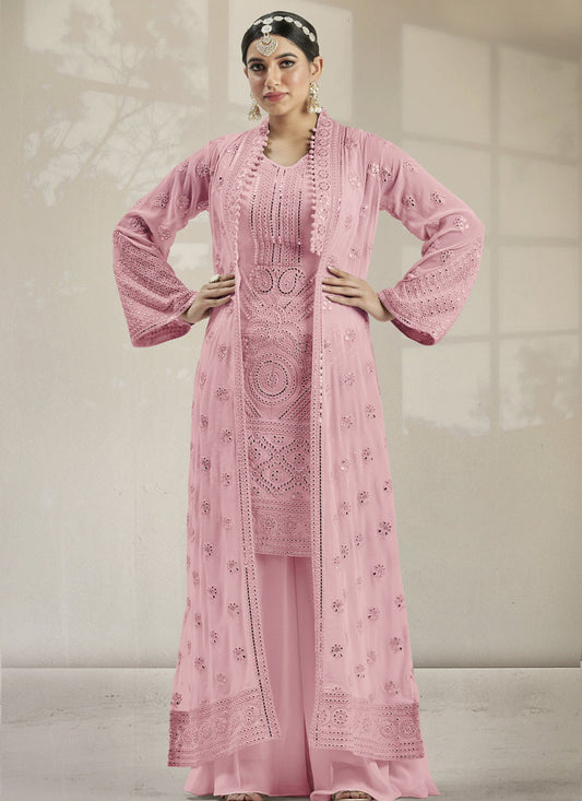 Pink Georgette Jacket Style Palazzo Suit With Real Mirror Work Embroidery